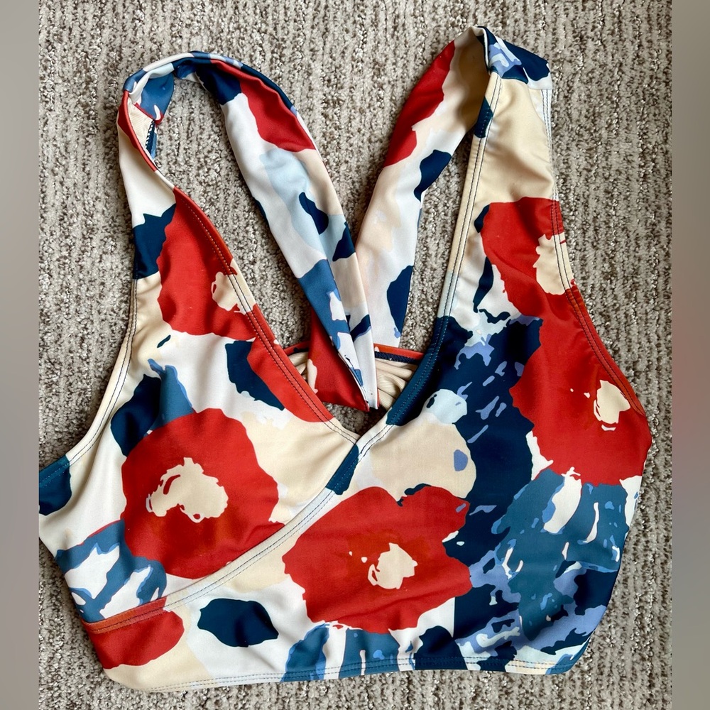 Women's Floral Print Bikini Top - Red, Navy & Cream